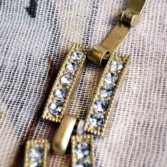 Unsigned Brass Tone Matte Clear Rhinestone Encrusted Rectangular Link Bracelet - Picture 7 of 14